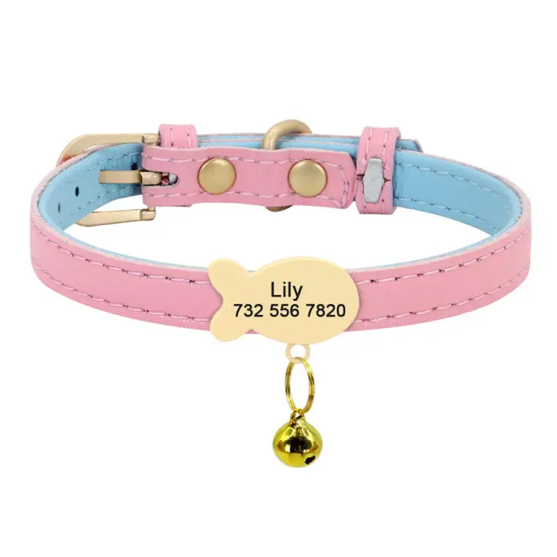 Collier Personnalisé pour Chat en cuir rose et bleu avec clochette - Identification complète