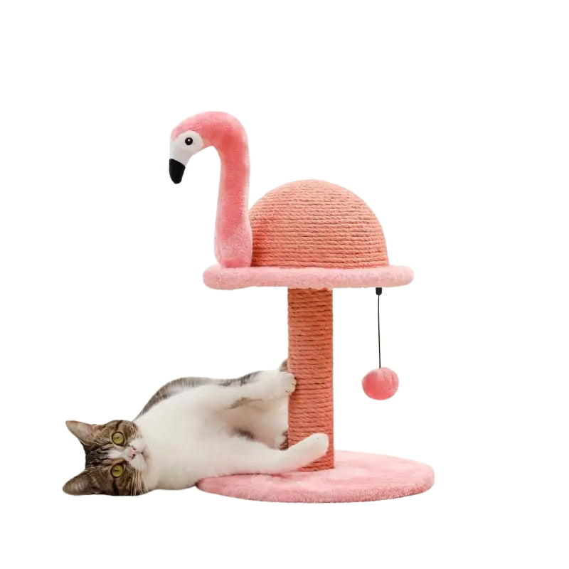 Griffoir pour chat en forme de flamant rose : Arbre à chat original avec un chat se prélassant sur le dessus Transparent Background