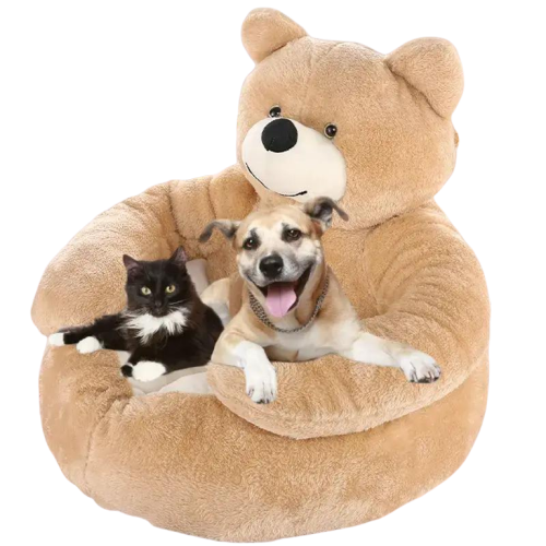 Un chien et un chat faisant des câlins dans un lit d’ours en peluche, Soft Winter Nest for Dogs, cozy câlin lit Transparent Background