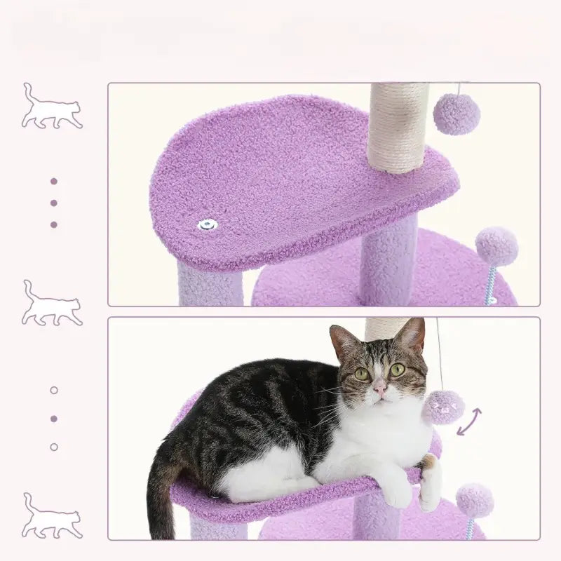 Un chat couché sur un arbre à chat Elegant Oasis Feline, parfait pour une relaxation féline élégante