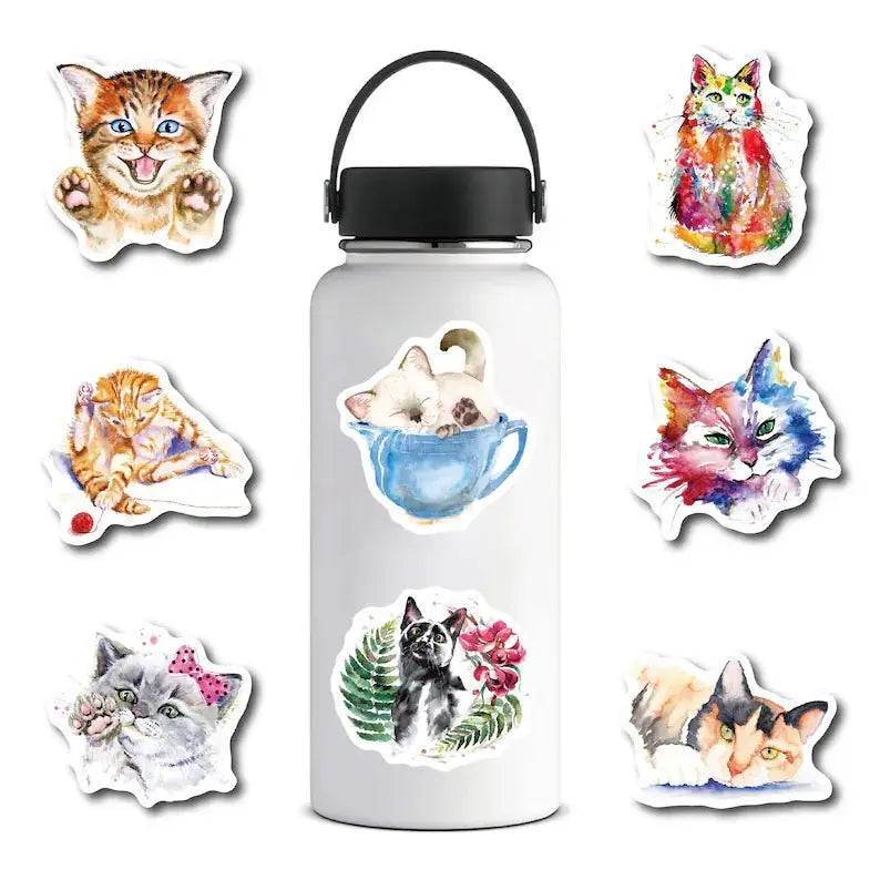 Bouteille d’eau personnalisée avec des autocollants de chats et de feuilles avec un autocollant personnalisé - autocollant personnalisé