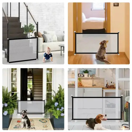 Barrière de sécurité pour chien - Limiter l’accès : Quatre images d’un chien assis sur un tapis à côté d’une barrière de sécurité Transparent Background