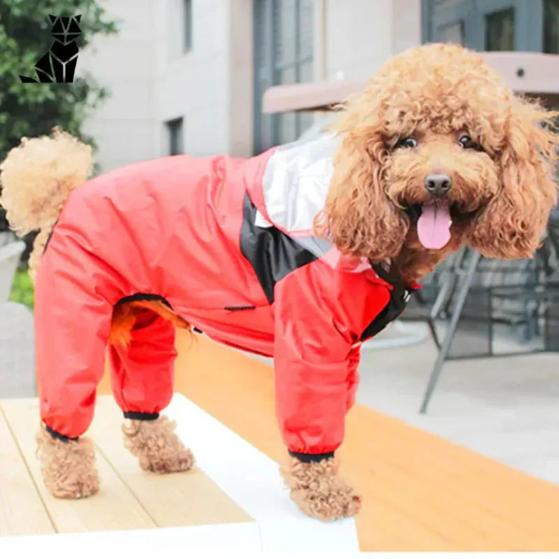 Chien en veste rouge et pantalon noir modélisant Capuche transparente pour chien - Protection optimale