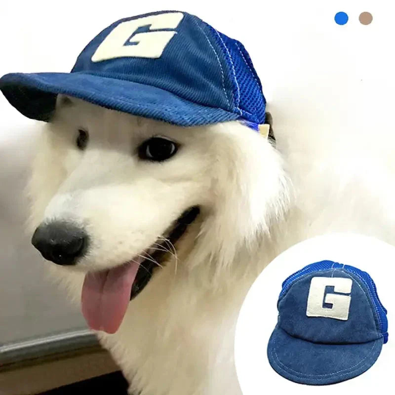 Chien en chapeau chic avec une casquette de baseball de Denim Cap for Dogs, offrant une protection élégante