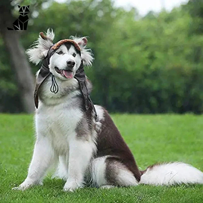 Chien portant un chapeau de luxe, assis sur l’herbe et tirant la langue - une touche de délégance pour tous les jours !