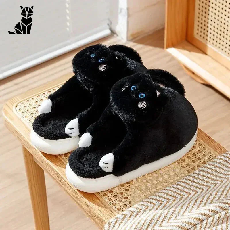 Paire de chaussons en coton noir et blanc sur table en bois, style parfait pour les amoureux des chats