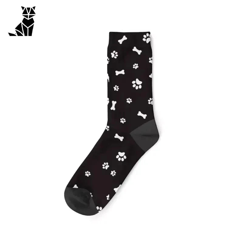 Chaussettes noires avec pattes et os de chien blancs, style unique - Chaussettes personnalisées pour chat