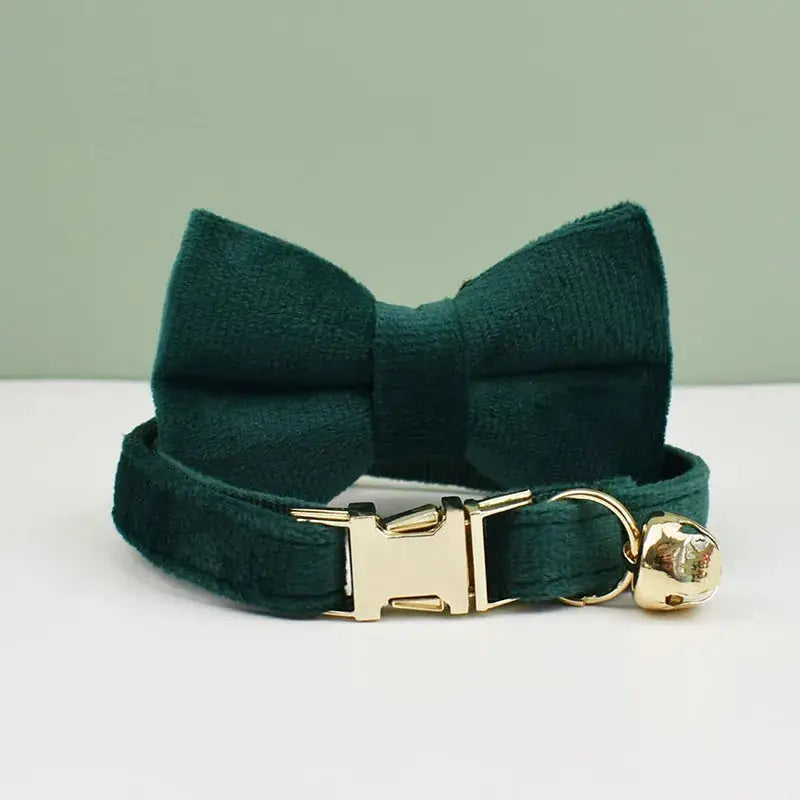 Collier pour chat en velours doux : Nœud papillon vert avec boucle dorée, texture luxueuse, style personnalisé