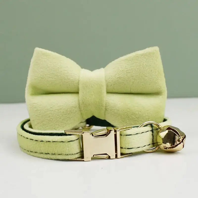 Collier pour chat en velours doux : Nœud papillon vert avec boucle dorée, style personnalisé et texture velours