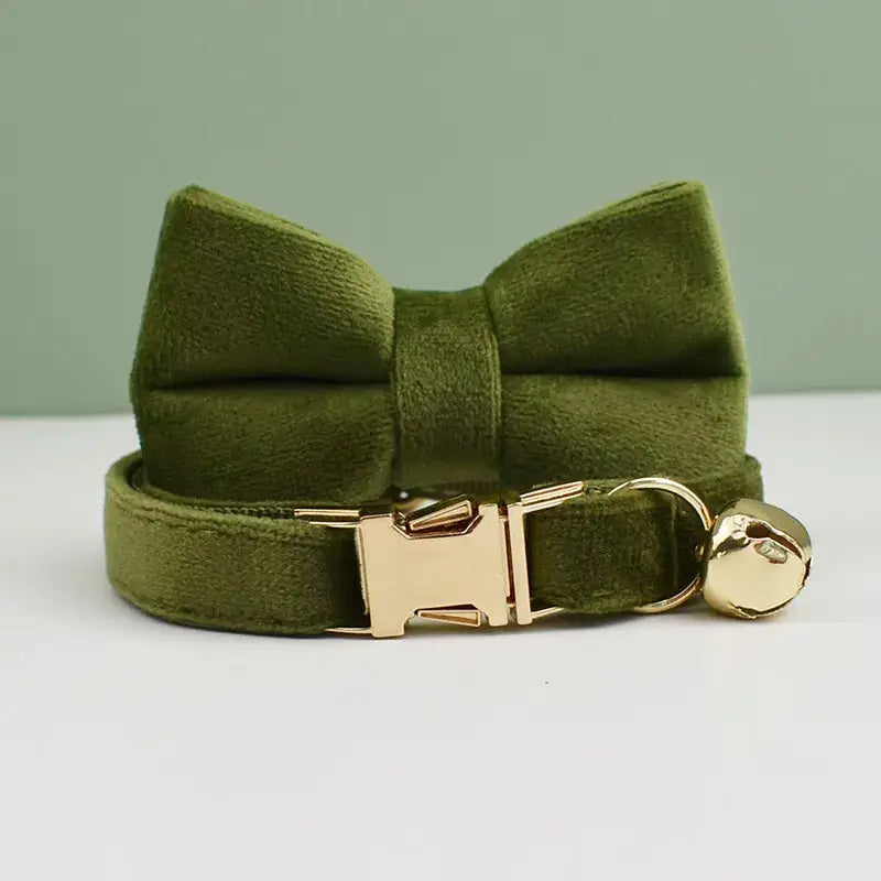 Collier pour chat en velours doux : Nœud papillon vert avec boucle dorée, texture velours élégante