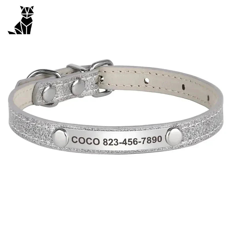 Bracelet en argent avec médaille de chien sur un collier de chat en cuir brillant résistant à l’usure