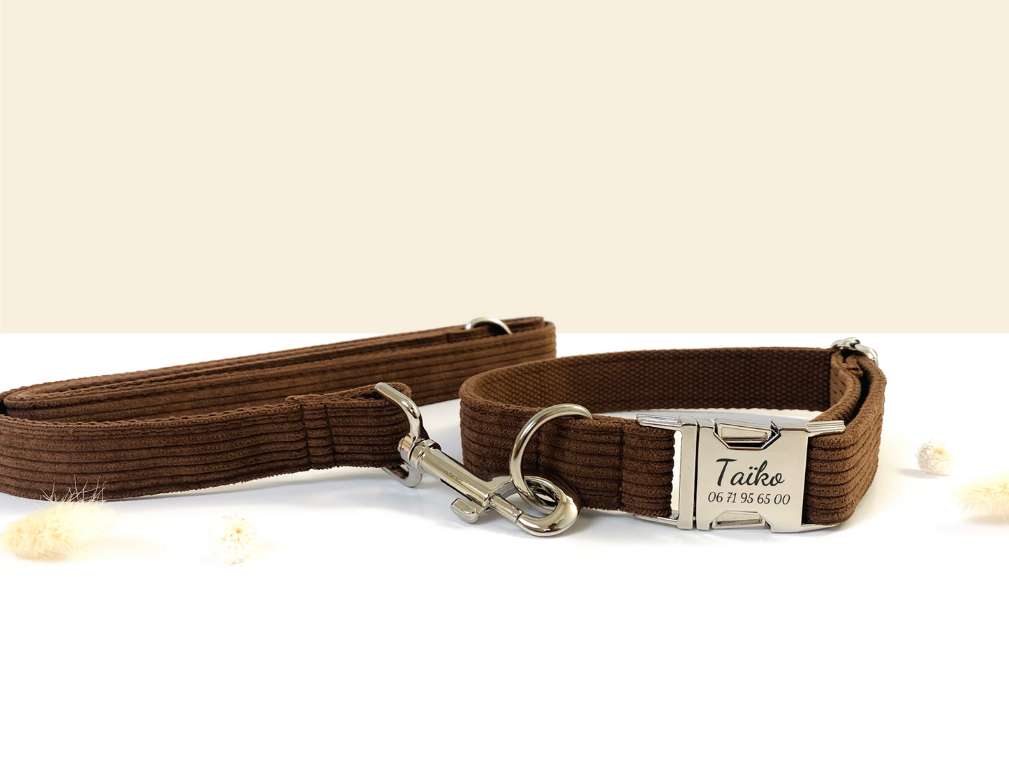 Collier Chien Personnalisé Velours Côtelé Chocolat