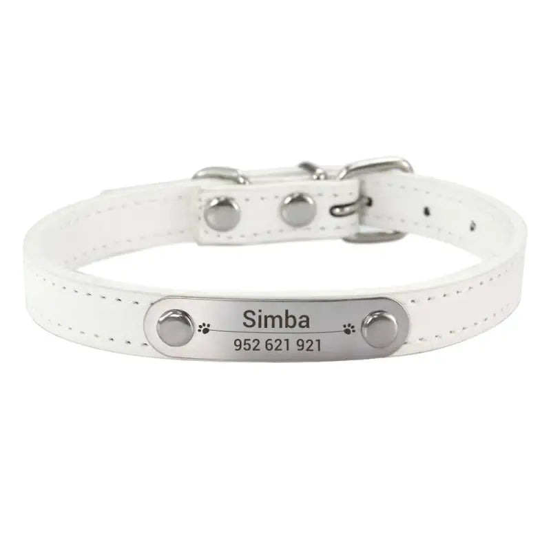 Collier pour chien en cuir souple blanc avec nom gravé, texture douce, collier en cuir personnalisable