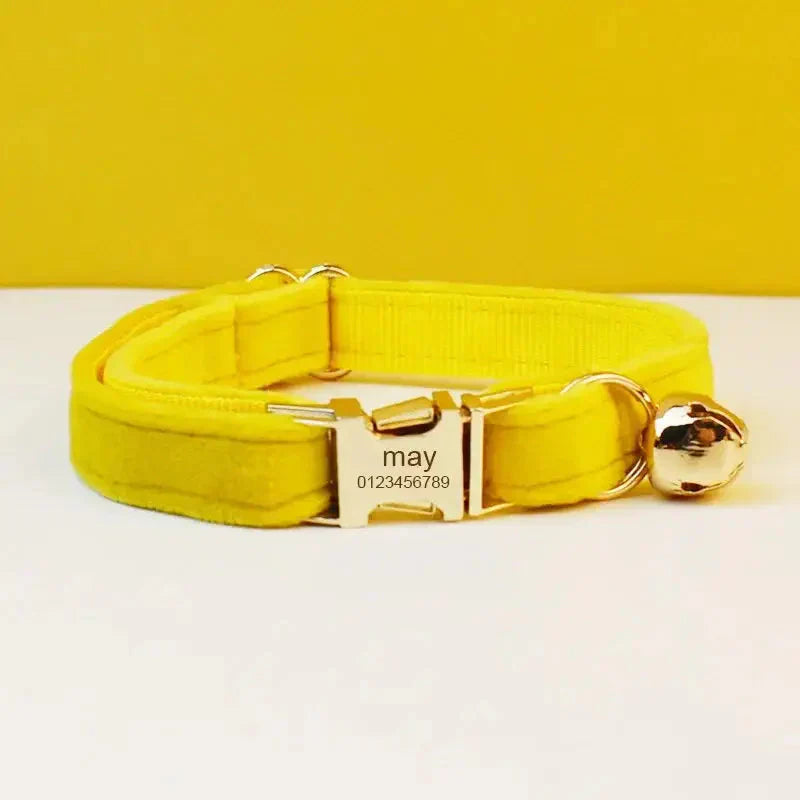 Animal collar en velours jaune avec boucle métallique - Collier personnalisé pour chat