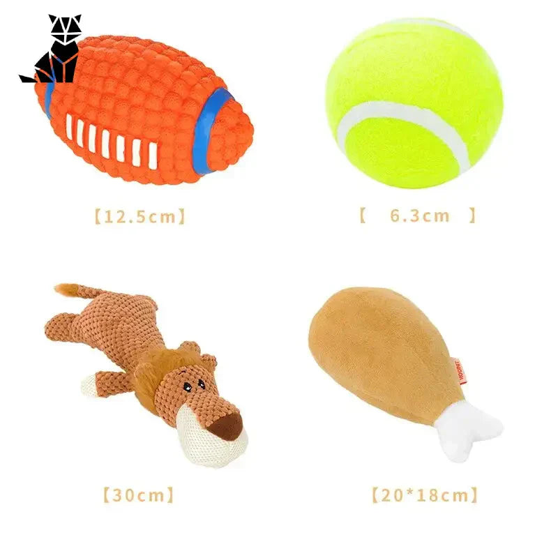 Gros plan sur un animal en peluche, une balle de tennis et un jouet pour chien du Canine Fun Toy Set à mâcher