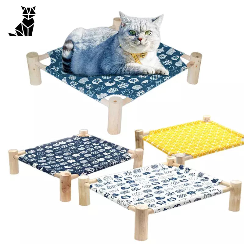 Gros plan d’un chat sur un hamac en bois durable pour chat - le lit idéal pour vos animaux