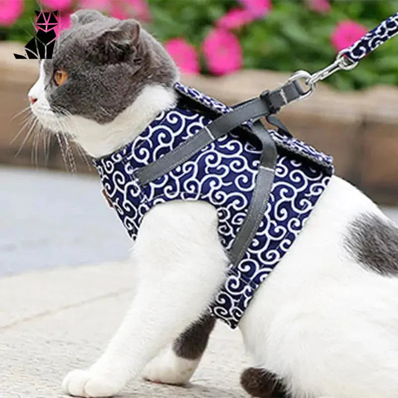 Harnais pour chat à motif floral : Gilet bleu et blanc, polyester et coton, tendance et stylé