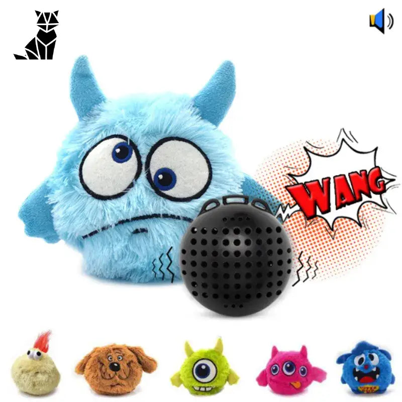 Jouet monstre bleu avec de grands yeux et une boule noire ; parfait pour une stimulation vibratoire interactive