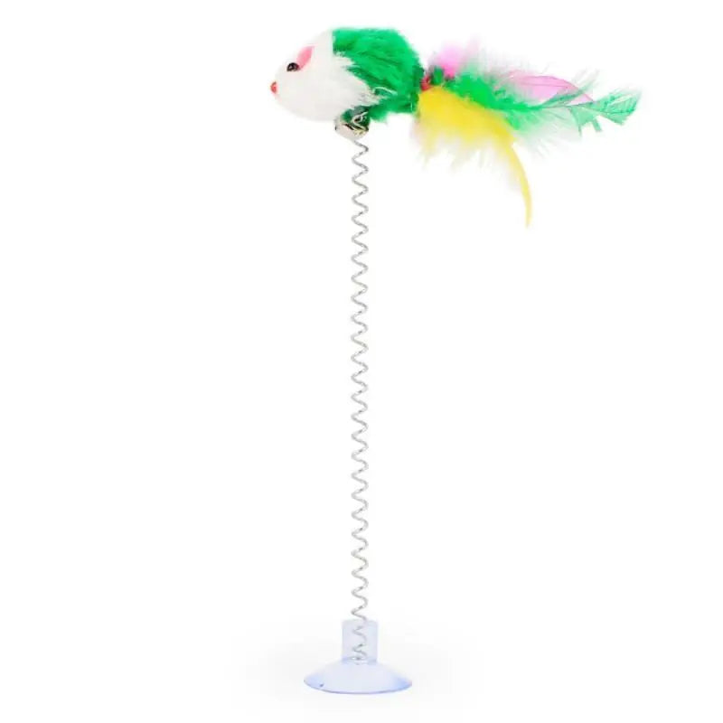 Petite cloche interactive jouet isolé pour chat avec plume blanche et verte et queue blanche