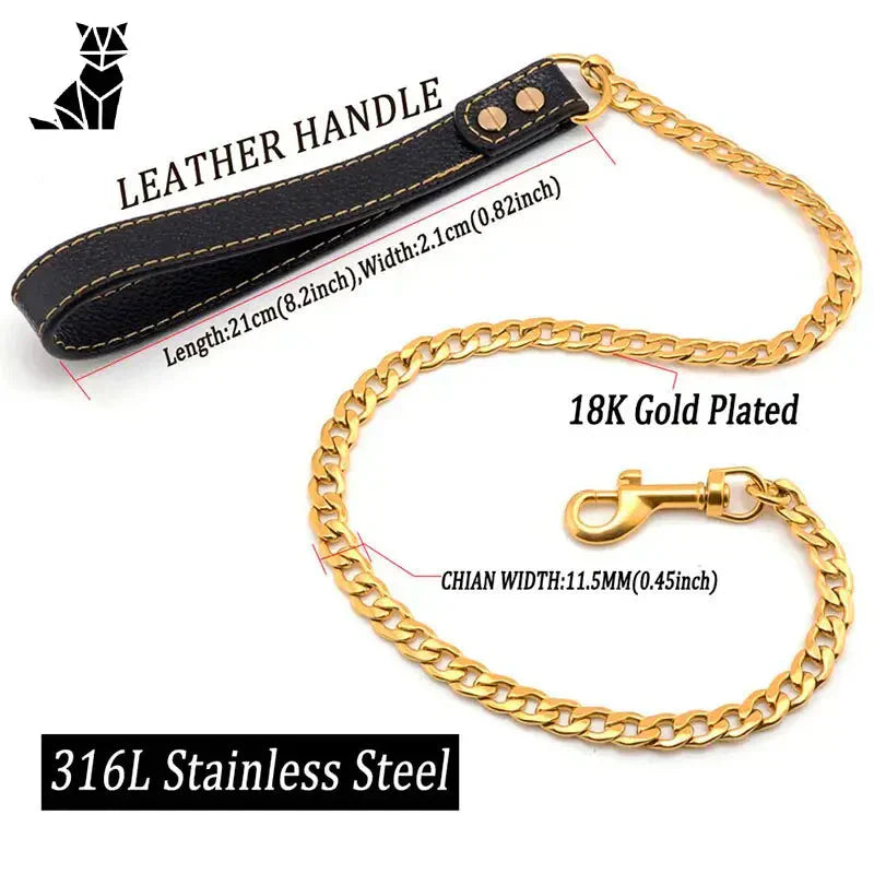 Golden Chain Leash for Dogs : Chaîne en acier dorée avec sangle en cuir noir - Accessoire idéal