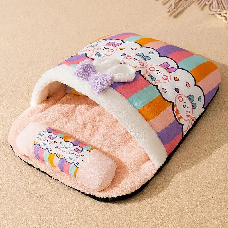 Lit d’hiver douillet pour chat : petit lit de chat rose avec chat blanc design, amovible et confortable