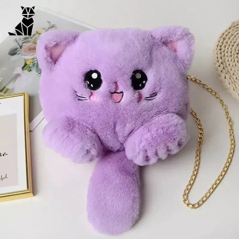 Sac peluche femme : Sac peluche femme avec chat violet et chaîne dorée