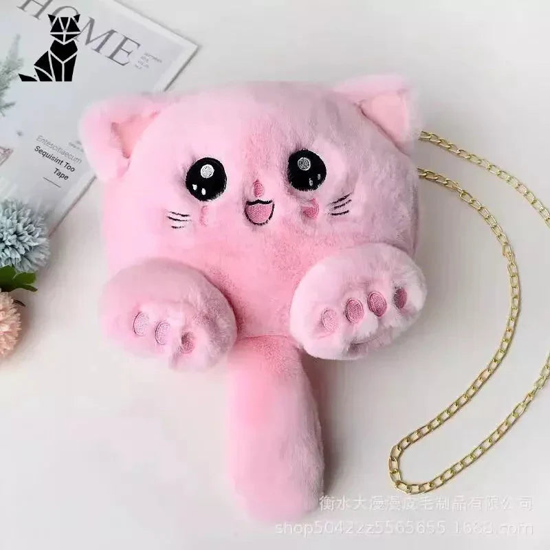 Sac peluche femme : adorable chat rose avec de grands yeux et une chaîne sur un sac en peluche pour femme