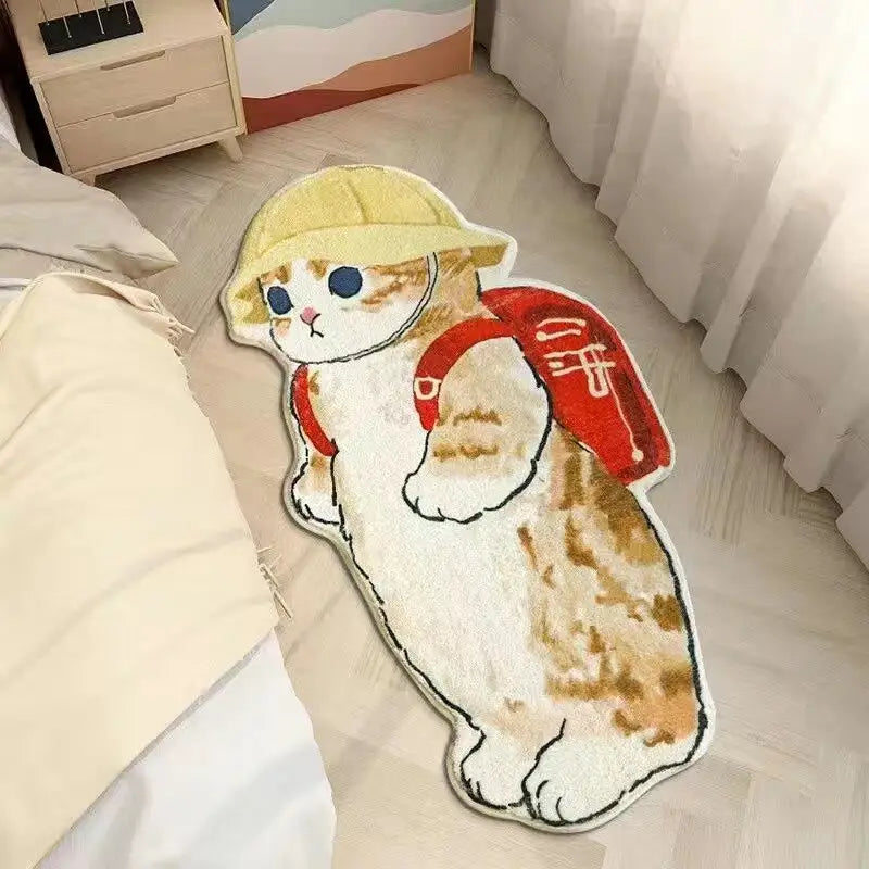 Adorable chat de dessin animé avec un sac à dos sur le tapis de sol ludique Cartoon Cat
