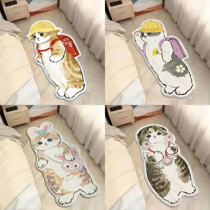 Quatre autocollants de chats de dessins animés du tapis de sol Cartoon Cat - A Playful Design (tapis de sol de chats de dessins animés), représentant des félins amusants