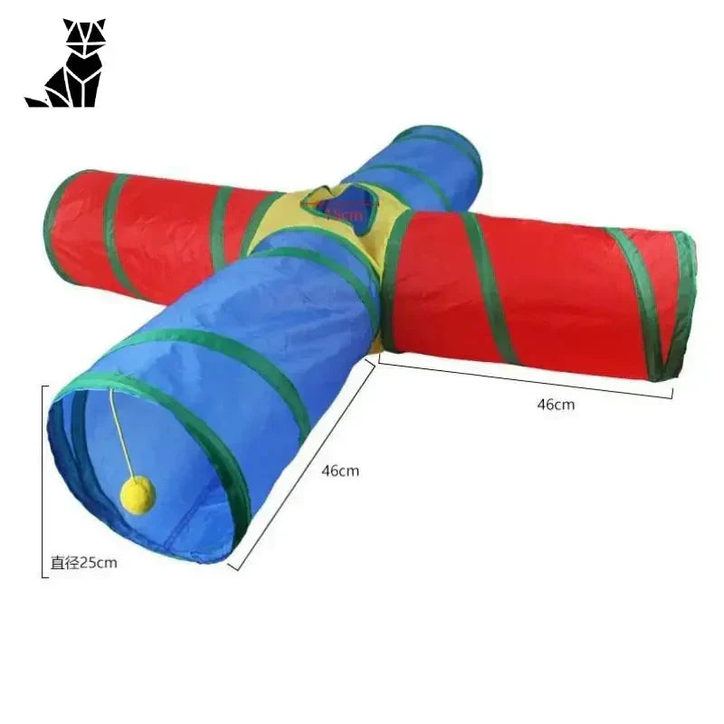 Tunnel de jeu pour chat en nylon durable - gonflable rouge et bleu avec rayures vertes et jaunes